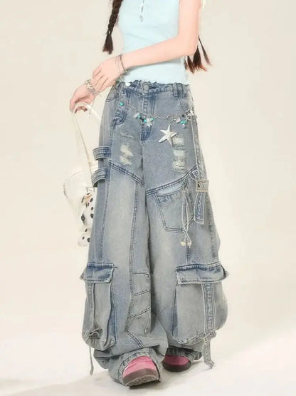Women's Blue Star Embroidered Jeans Baggy Y2K High Street Harajuku Fashion High Waist Wide Leg Retro Jeans Pants Clothing 2025