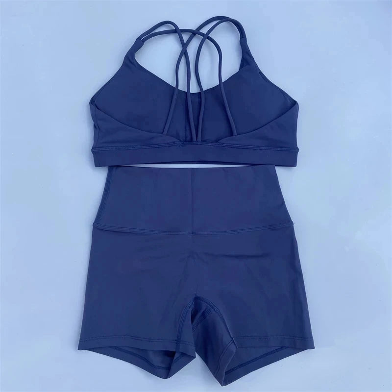 Solid Color Gym Bike Yoga Set Short Legging +Cross Sport Bra Tracksuit Athletic Women Gym Suit Comprehensive Training Jogging