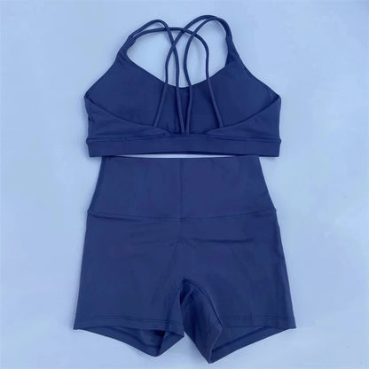 Solid Color Gym Bike Yoga Set Short Legging +Cross Sport Bra Tracksuit Athletic Women Gym Suit Comprehensive Training Jogging