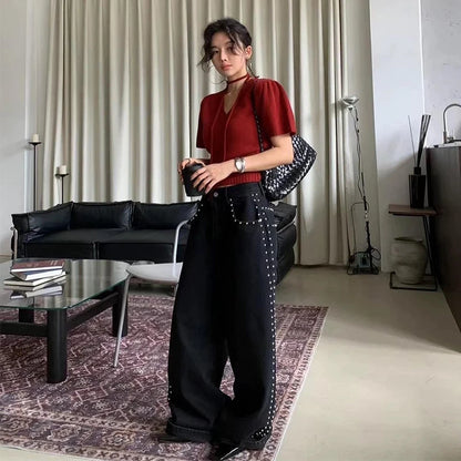 Metal Rivet Wide Leg Jeans Trousers Baggy Low Rise Pockets Denim