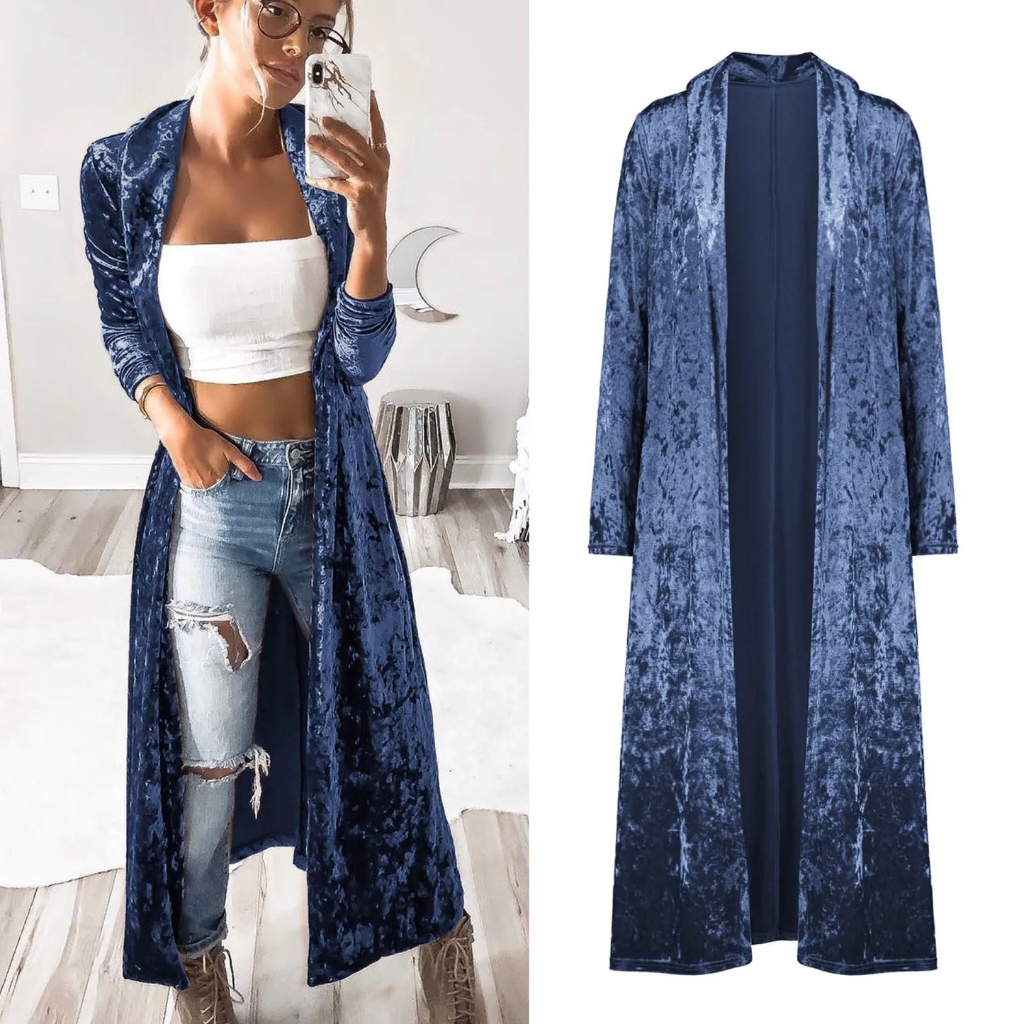 Women's Lightweight Overcoat Velvet Retro Open Front Cardigan Ladies Windbreaker