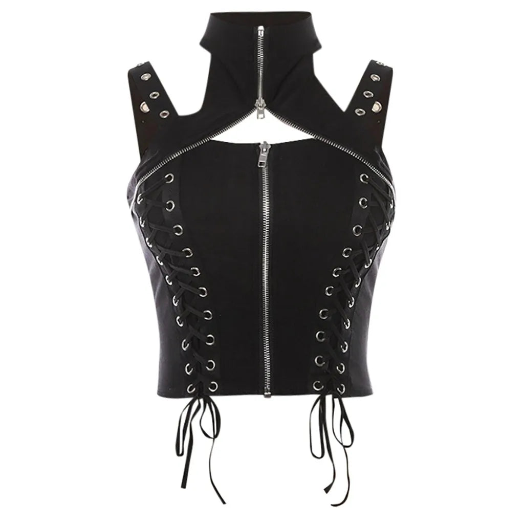 Lace Up Bandage Cropped TopCamisole Gothic Vest T-Shirt Hollow Out Zipper