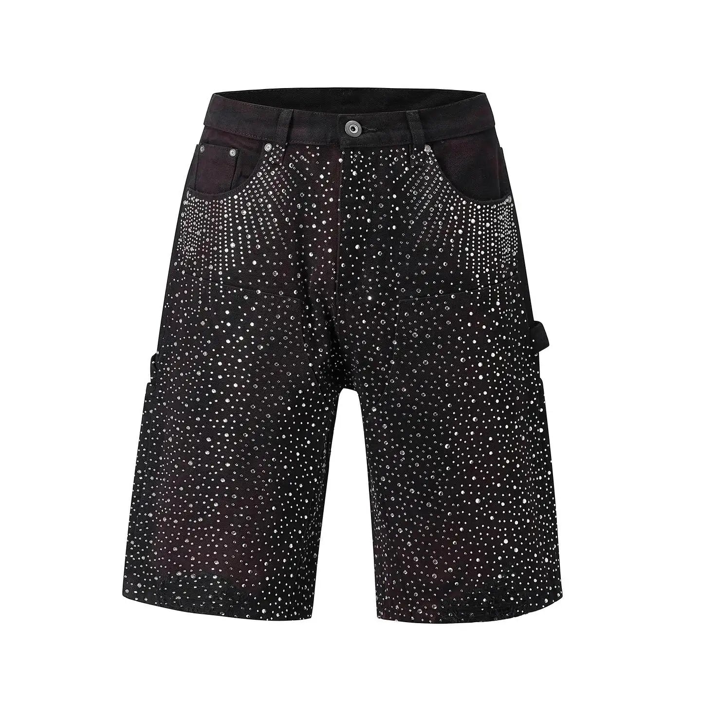 Streetwear Sequin Denim Shorts Y2K Raw Hip Hop Retro Baggy Shorts Low Rise Over The Knee Pants Casual Shorts