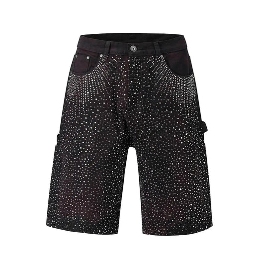 Streetwear Sequin Denim Shorts Y2K Raw Hip Hop Retro Baggy Shorts Low Rise Over The Knee Pants Casual Shorts