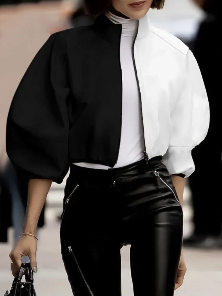 Female Stylish Stand Collar Zipper Jackets Loose Puff Sleeves Contrast Color Casual Fashion Outerwears 2025 New