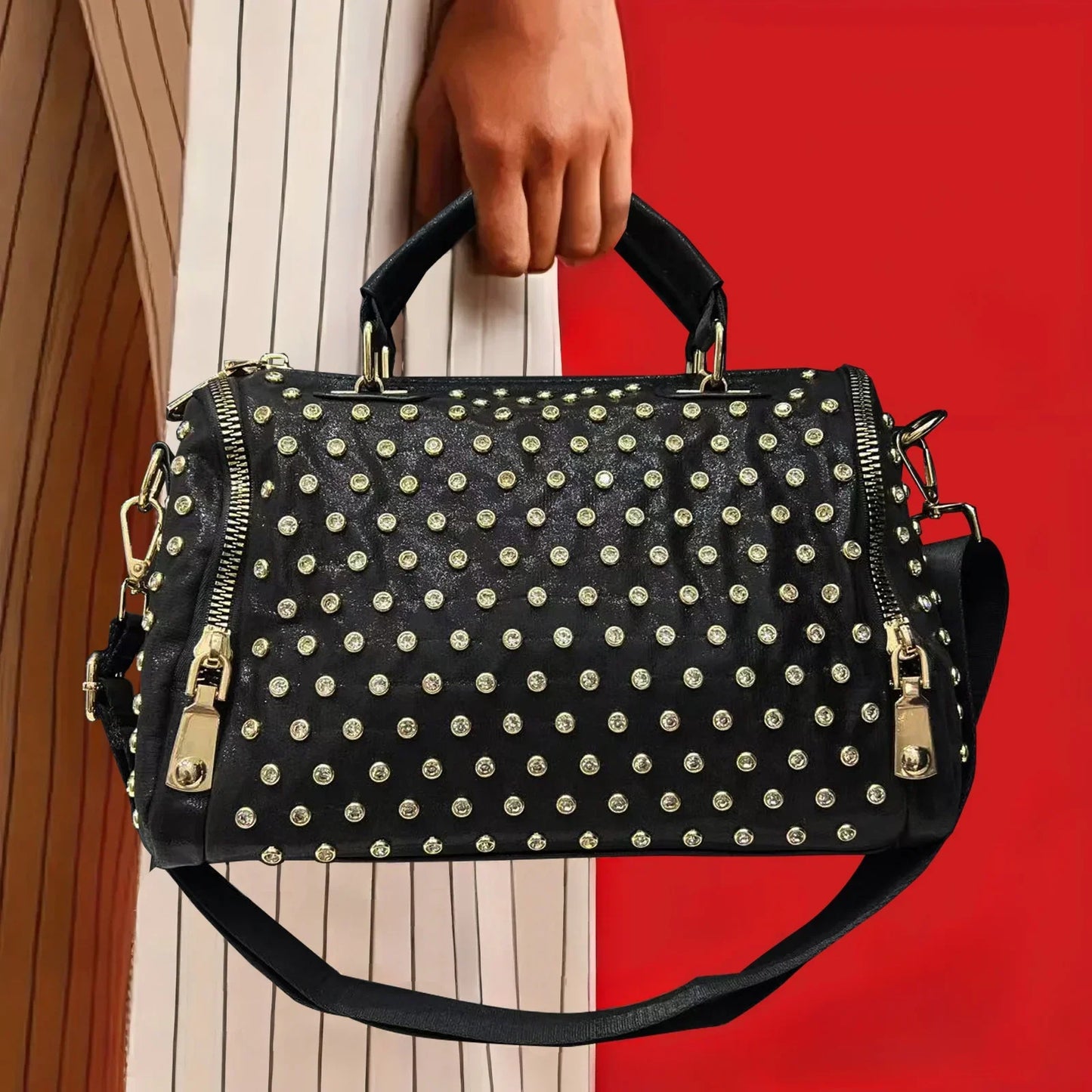 Ladies' diamond studded nylon tote bag with leopard pattern
