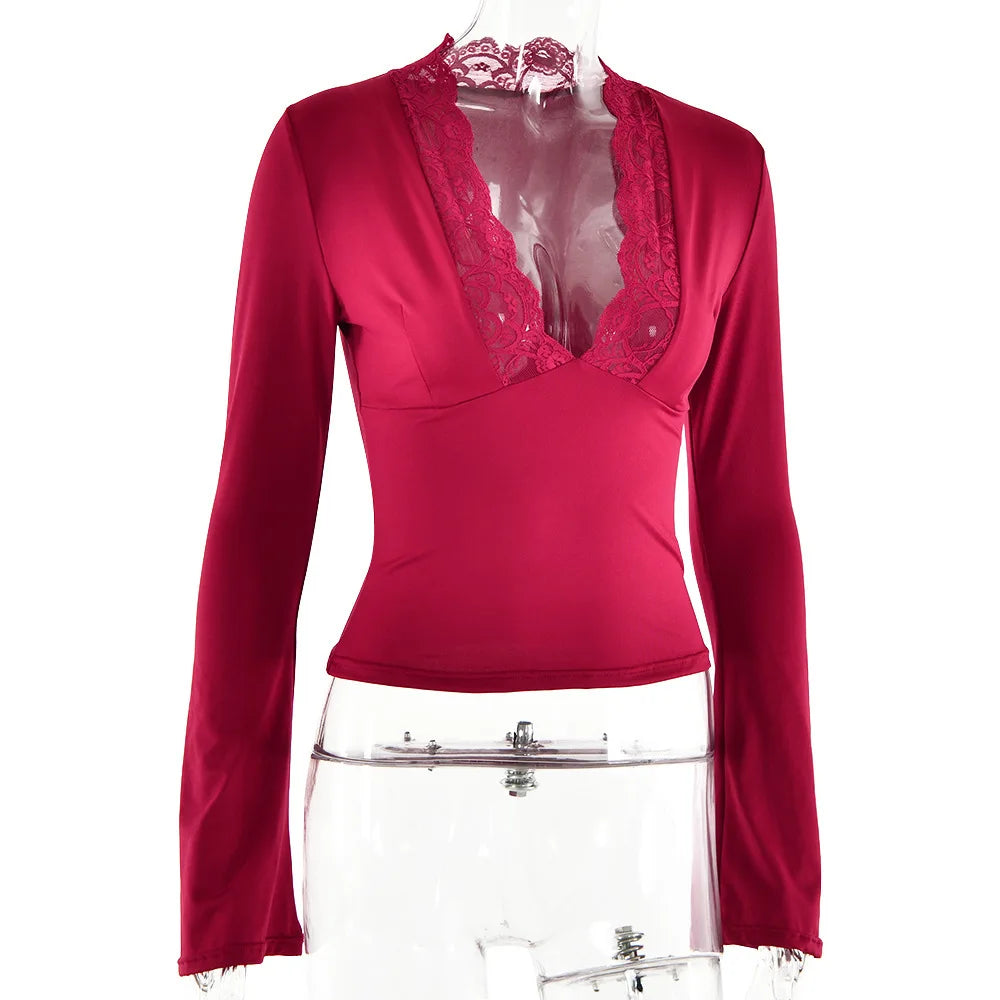 Lace Patchwork Tee Women Flare Sleeve Slim V-neck Tank Top Lady Streetwear Crop Top Shirt