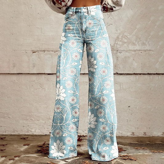 Womens Wide Leg Jeans High Waisted Casual Denim Floral Printed