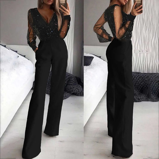 Black Jumpsuits Mesh Patchwork, Backless Long Sleeve Sequined