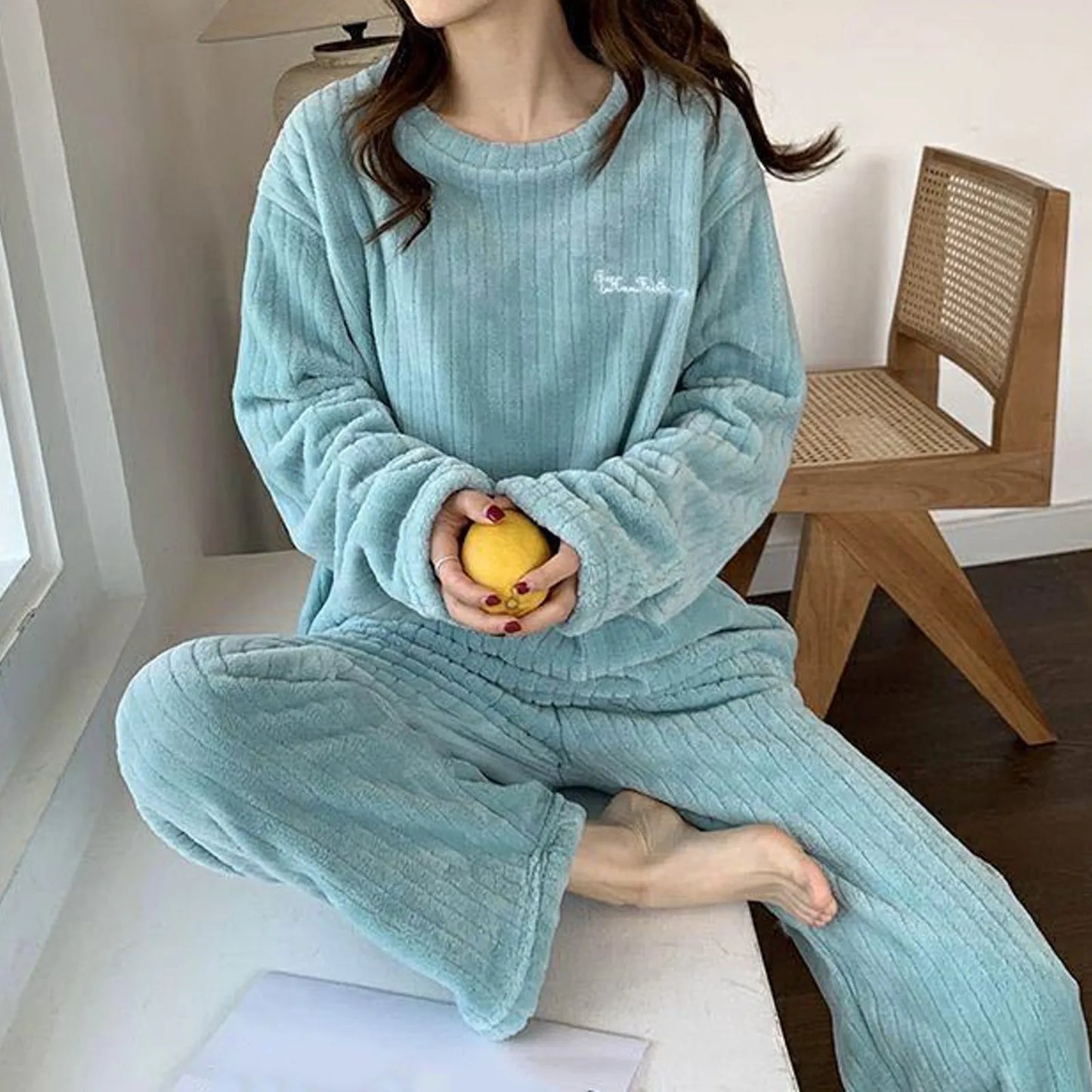 Thick Plush Fleece Fuzzy Pajama Sets Cozy Oversized Pullover Pants Sets Solid