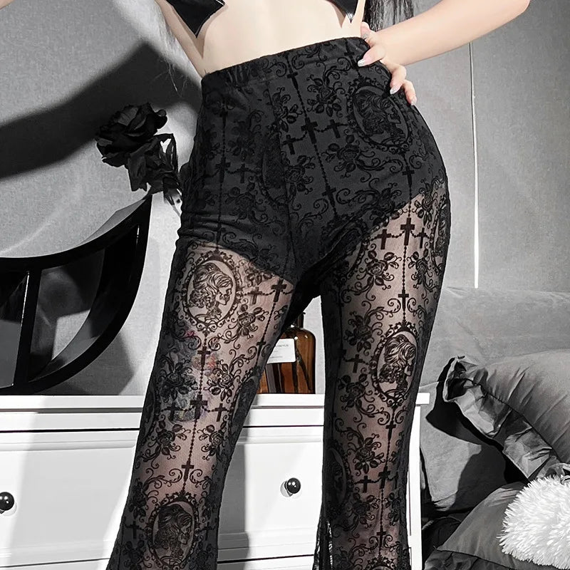Goth Dark Gothic Flare Pants Grunge See Through Mesh High Waist Women