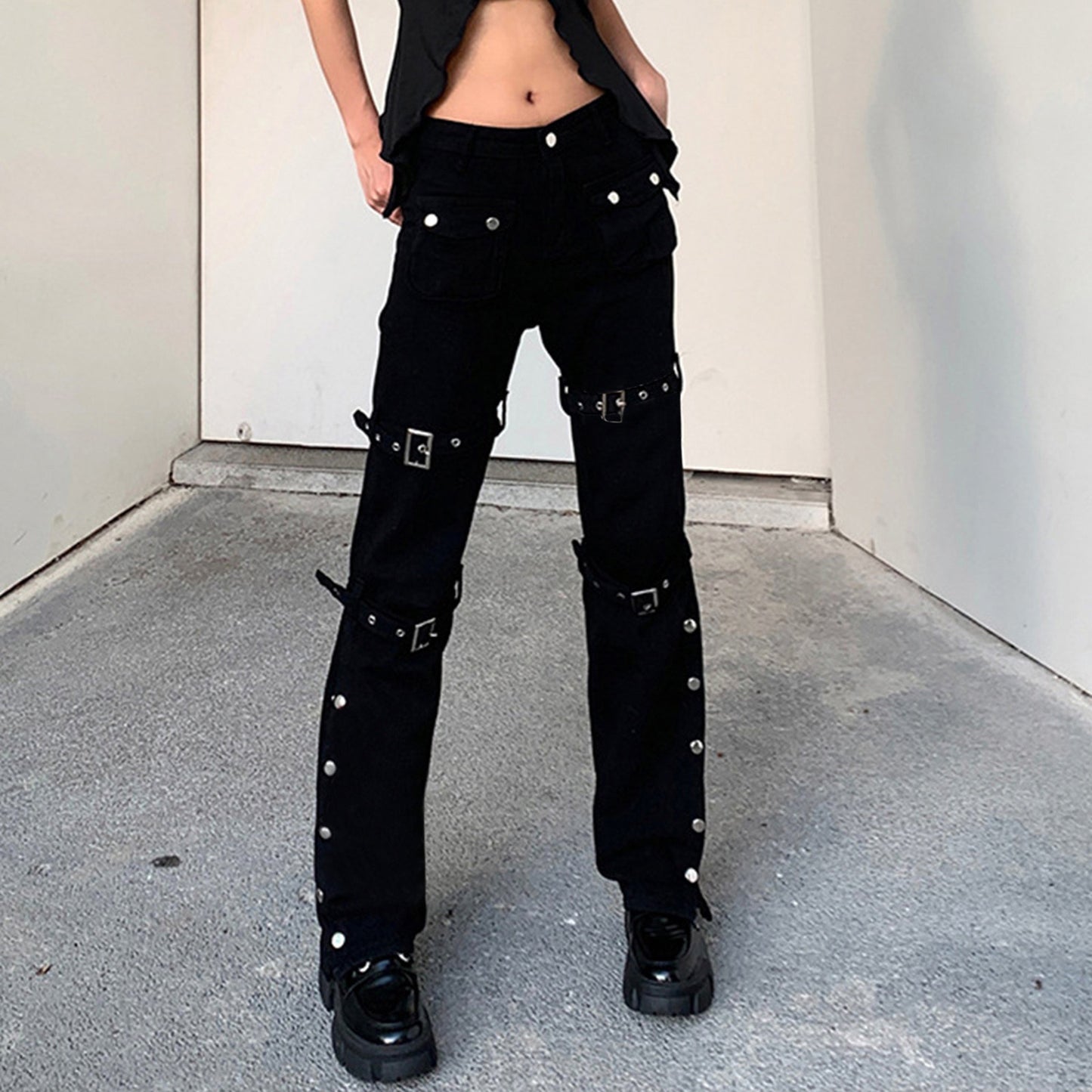 Gothic Metal Button Bandage Trousers Wide Straight Leg Black Punk Cargo Jean Baggy Pants