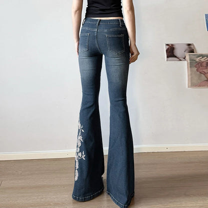 Woman's Flowers Embroidered Flared Denim Pants Slim Dragging Long Jeans