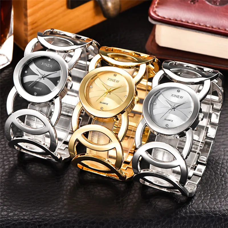 Ladies Casual Golden Luxury Quartz Bracelets Watch