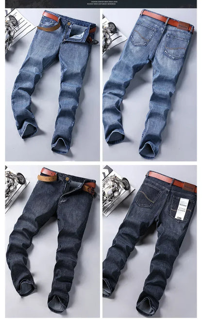 Men Classic Jeans Straight Regular Blue Stretch Denim Trousers Men's