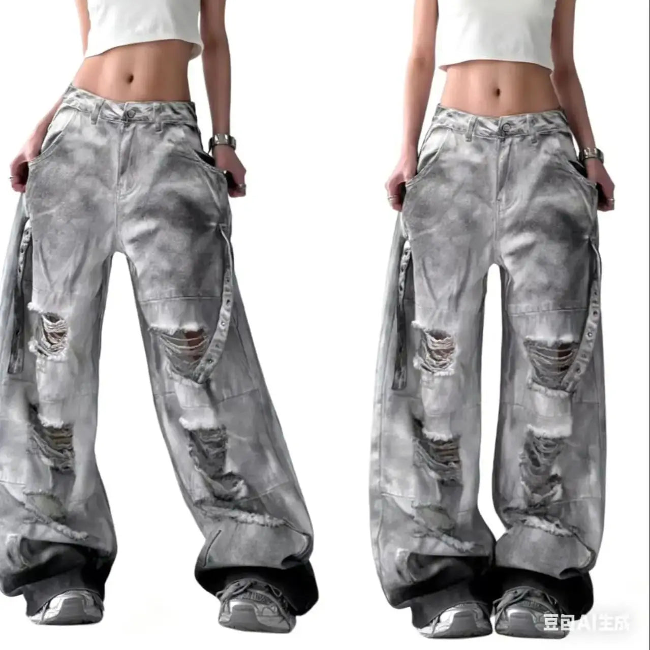 Women's Grey Ripped Jeans Cargo Baggy Y2K Harajuku High Street Aesthetic 2000S Style Fashion 90s Retro Loose Jeans 2025 New