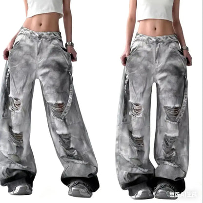 Women's Grey Ripped Jeans Cargo Baggy Y2K Harajuku High Street Aesthetic 2000S Style Fashion 90s Retro Loose Jeans 2025 New