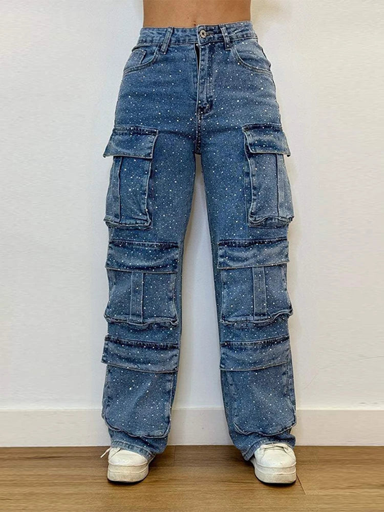 High Waist Cargo Denim Jeans With Full Rhinestones Sparkling Casual Baggy Pants Streetwear Chic Daily Trousers