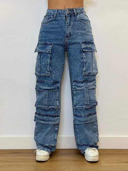 High Waist Cargo Denim Jeans With Full Rhinestones Sparkling Casual Baggy Pants Streetwear Chic Daily Trousers