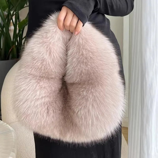 Soft Plush Half Moon Bags for Women Designer Fluffy Faux Fur Lady Handbags Luxury Small Tote