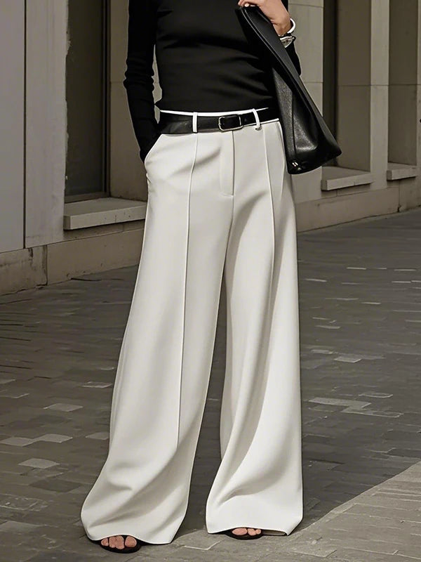 Black White Solid Color Wide Leg Pants Elastic High Waist Simple Trousers No Belt