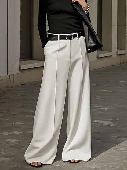 Black White Solid Color Wide Leg Pants Elastic High Waist Simple Trousers No Belt