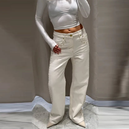 Metal Rivet Wide Leg Jeans Trousers Baggy Low Rise Pockets Denim
