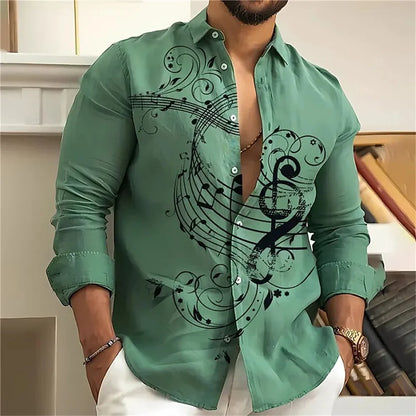 Music note print men's shirt casual open lapel top comfortable long-sleeved
