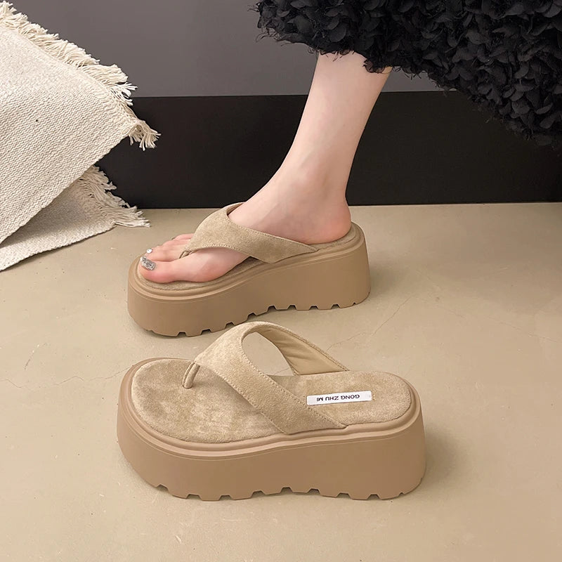 Thick Bottom Flip Flops Outdoor High Waist Seaside Beach Leisure Flip Flops Suede