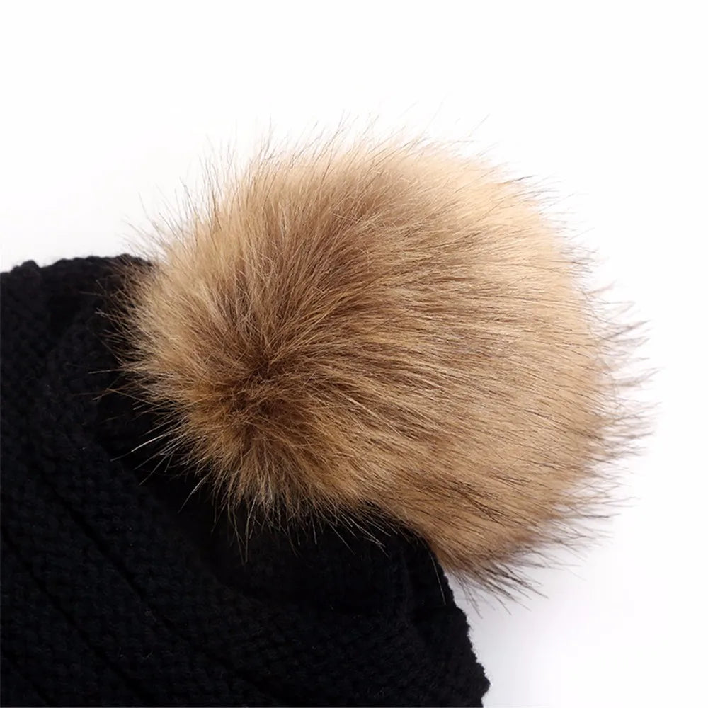 Cute Print Embroidery Beanies For Women Men Winter Wool Warm Fur Pompom