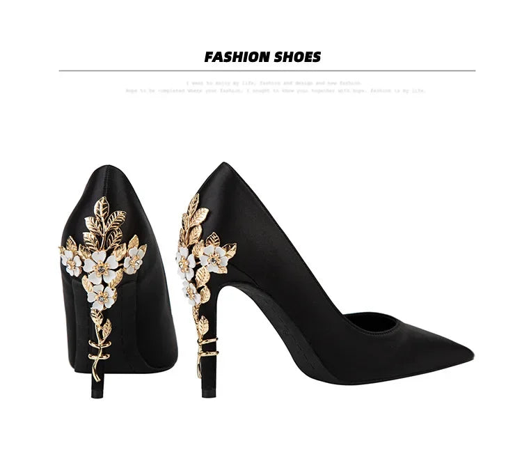 Women's Metal Flowers Stiletto High-heel Shoes Female  Light Luxury Wedding Shoes Pointed Toe