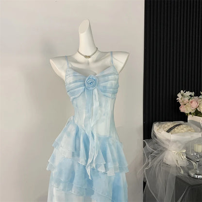Women's Blue A-line Chiffon Dress Elegant Mini Dress Vintage Y2k Sleeveless Off Shoulder One Piece Frocks 2000s Clothes Summer