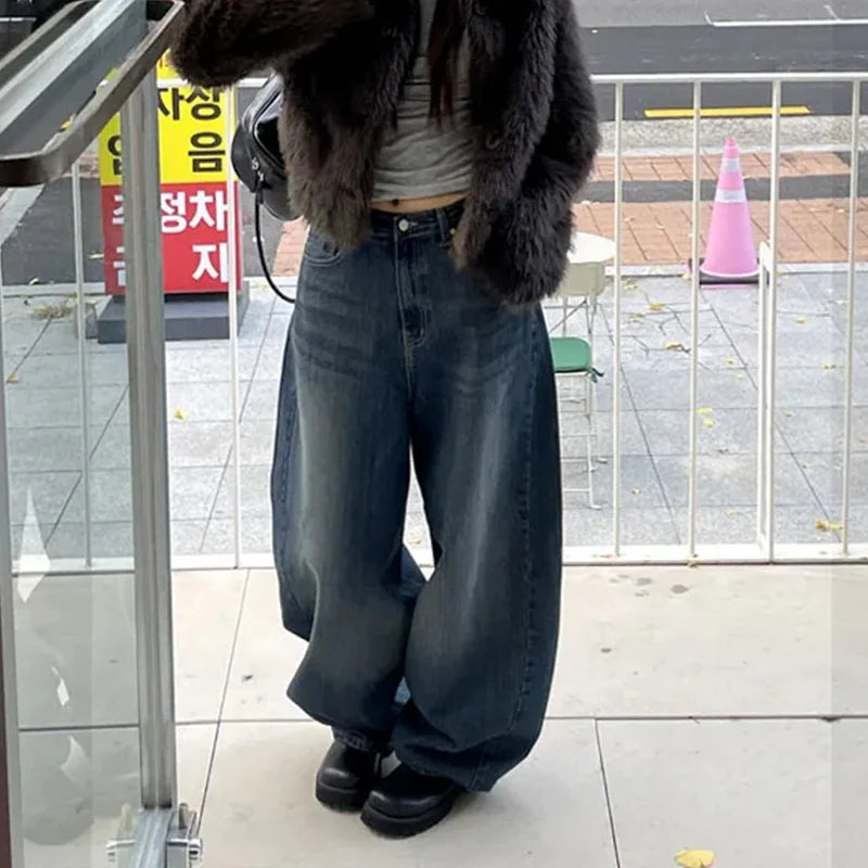 Women's Blue Cargo Baggy Jeans Y2K Japanese Harajuku 2000s Style Streetwear Vintage  Loose Wide Leg Jeans Pants Clothing 2025