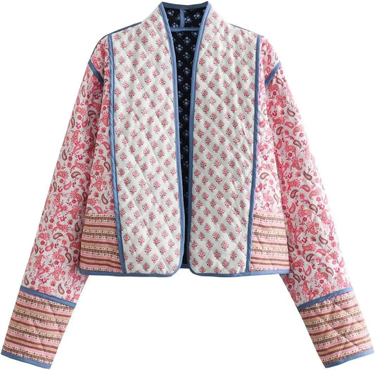 Women's cotton Jacket Cropped Puffer Quilted Jackets Cardigan Floral Printed Lightweight Long Sleeve