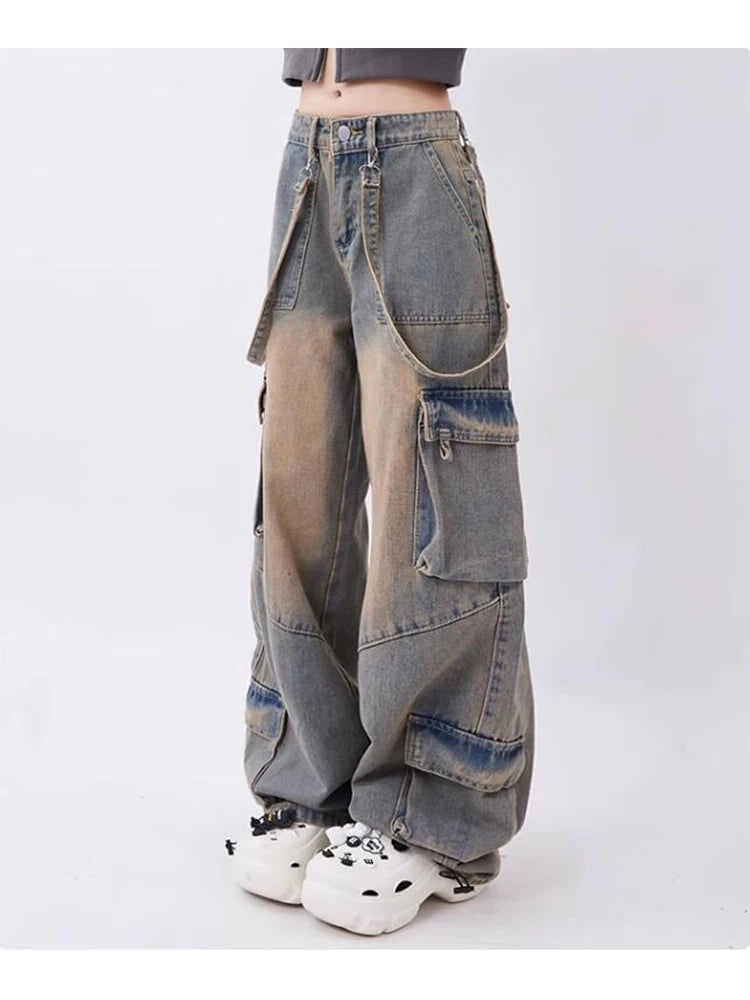 Women Blue Oversize Cargo Jeans Harajuku Vintage Baggy Y2k Denim Trouser 90s Aesthetic Wide Jean Pants 2000s Trashy Clothes 2024