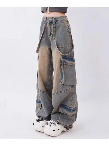 Women Blue Oversize Cargo Jeans Harajuku Vintage Baggy Y2k Denim Trouser 90s Aesthetic Wide Jean Pants 2000s Trashy Clothes 2024