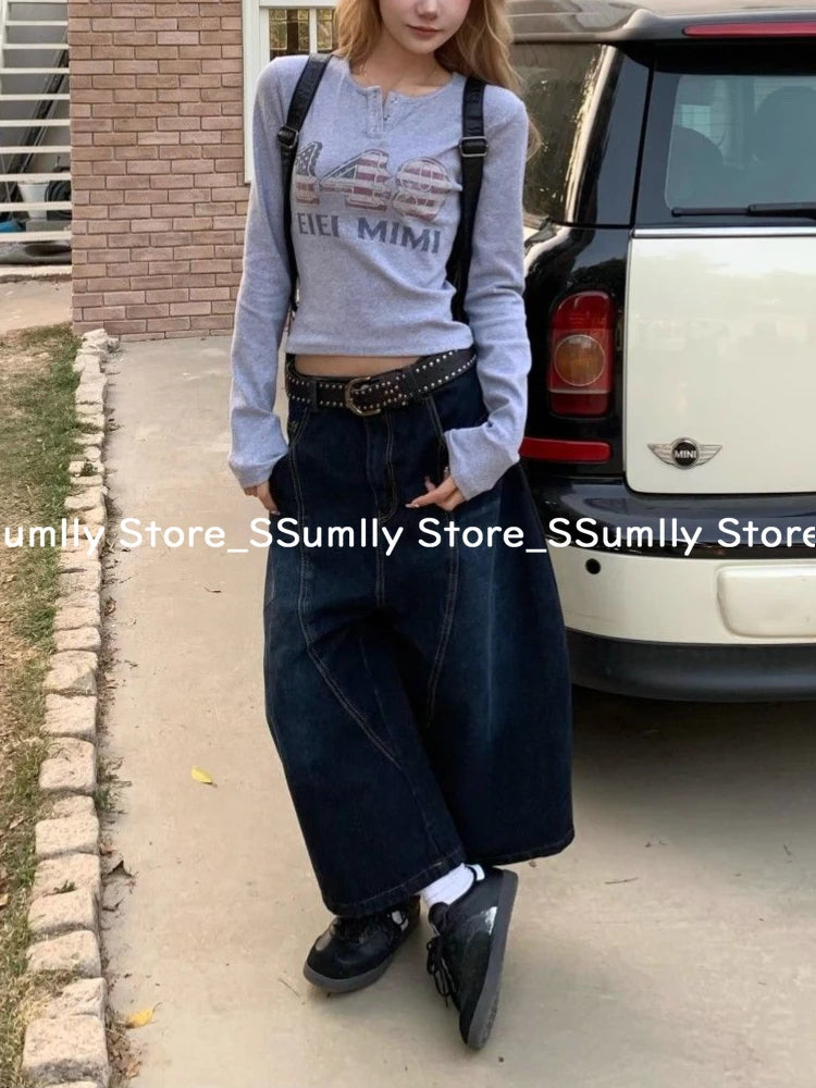 Embroidery Stitched Jeans Women Summer Loose Retro High Waisted Pants Y2k Design Wide Leg Cropped Shorts