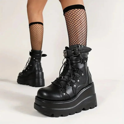 Women's Goth Cosplay Wedge Combat Ankle Boots Fashion Stylish Punk Buckle Lace-up Zipper Dress Boots Ladies Summer Outdoor Shoes