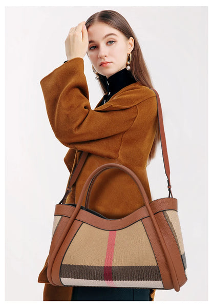 checkered women's handbag, large capacity luxury bag, canvas genuine leather bag