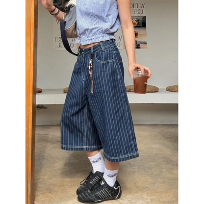 Women's Light Blue Calf Length Cargo Jeans Harajuku Y2k Baggy Denim Trousers Japanese 2000s Oversize Jean Pants Vintage Clothes