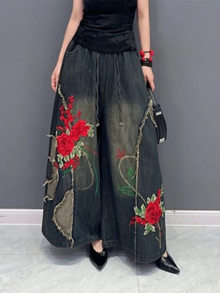 Women's Straight Jeans High-waist Ethnic Style Embroidered Drawstring Oversized Denim Wide-leg Pants