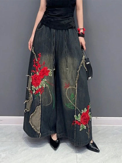 Women's Straight Jeans High-waist Ethnic Style Embroidered Drawstring Oversized Denim Wide-leg Pants