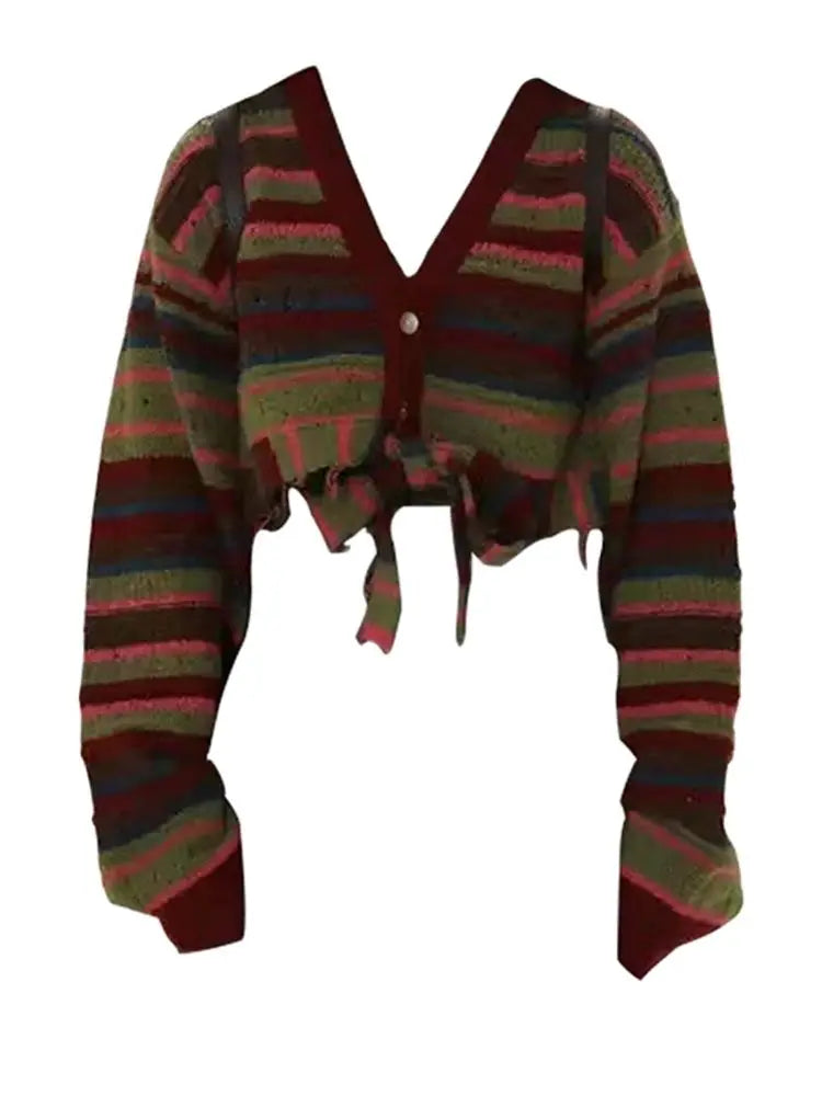 American Vintage Autumn New Vintage Contrast Stripe Knitted Cardigan V-Neck Loose Casual Short Top Women