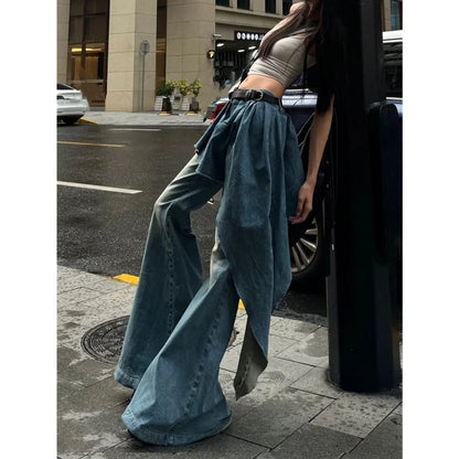 Blue Womens Jeans High Waist Vintage Design Hip Hop Straight Baggy Denim Pants Street Y2K American Style Wide Leg Denim Trouser