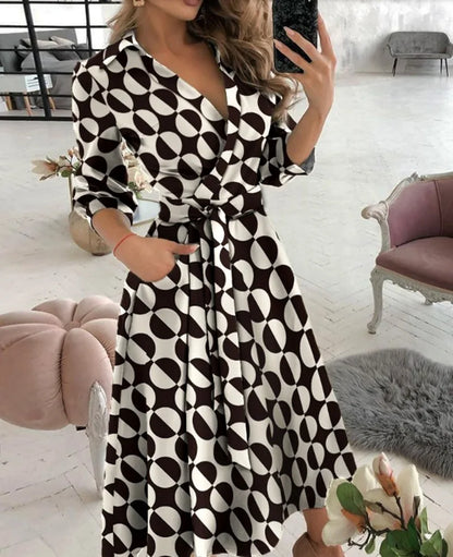 A-Line Wrap Summer Dress Long Sleeve V-Neck Dress Pocket Elegant Midi Party Dress