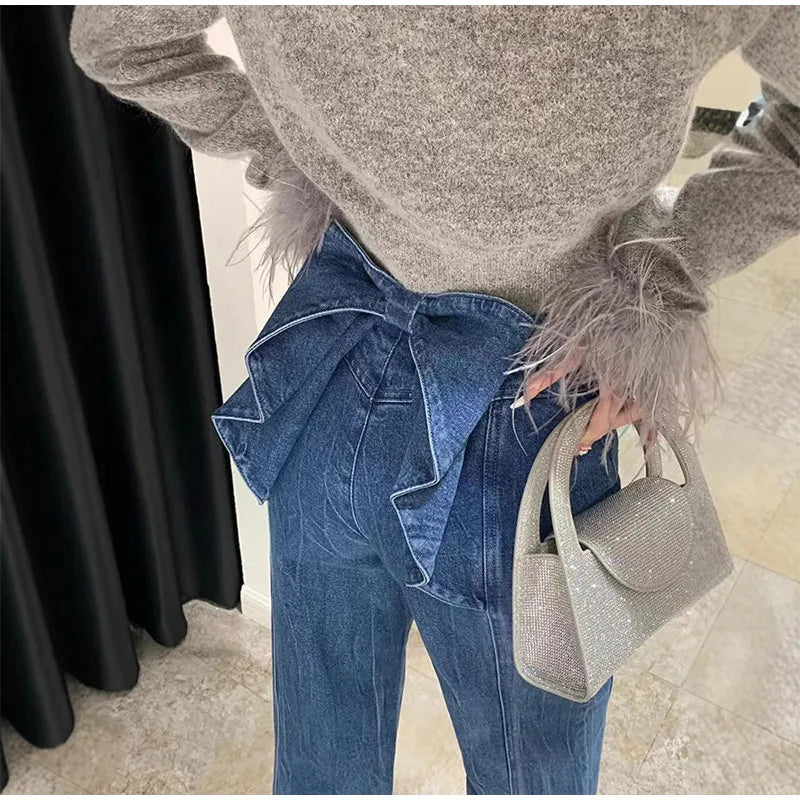 Y2K High Waist Flare Denim Jeans With Big Bow Ruffles Sweetheart Stylish Female Slim Fit Casual Trousers