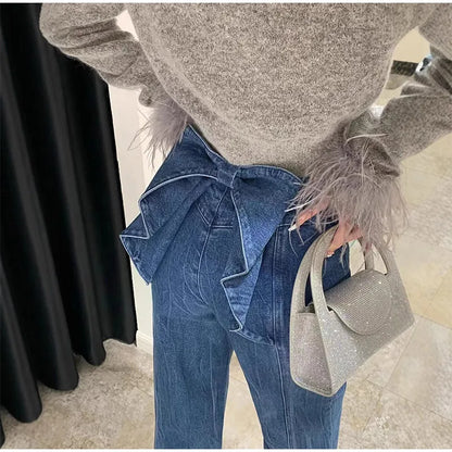 Y2K High Waist Flare Denim Jeans With Big Bow Ruffles Sweetheart Stylish Female Slim Fit Casual Trousers