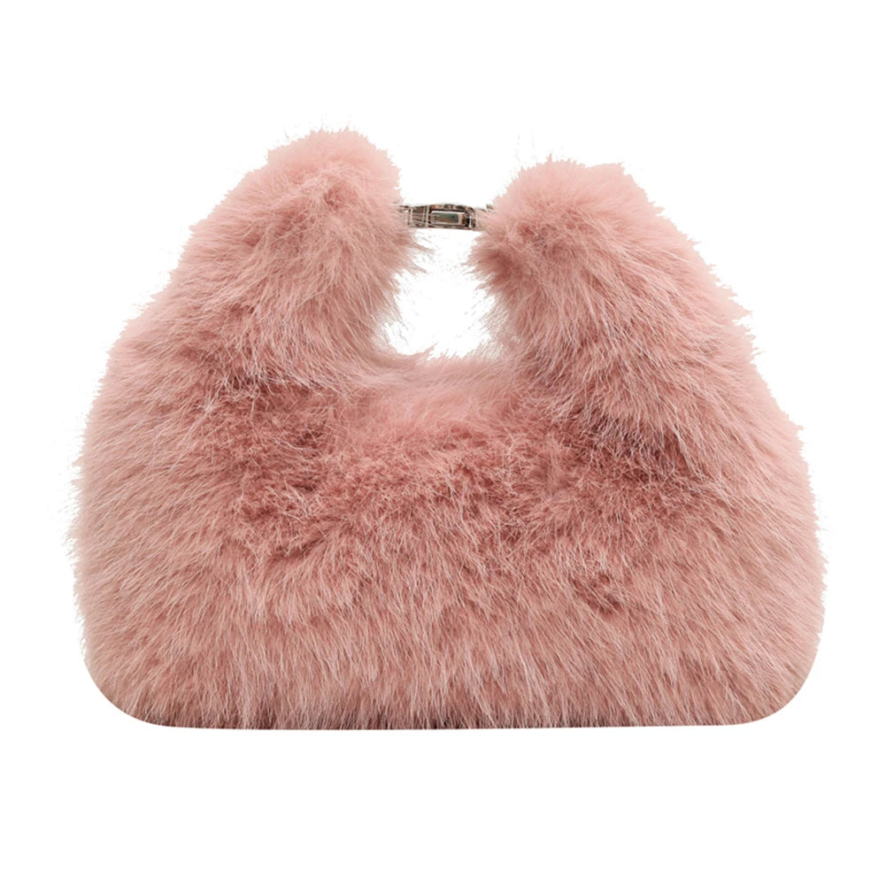 Women Faux Fur Shoulder Bag Adjustable Strap Fluffy Crossbody Bag Solid Color Clutch Purse Hobo Bag for Travel Party