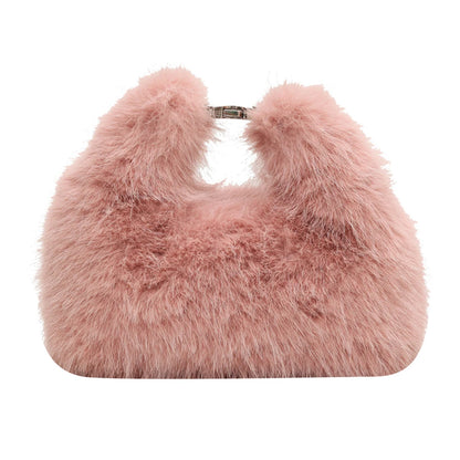 Women Faux Fur Shoulder Bag Adjustable Strap Fluffy Crossbody Bag Solid Color Clutch Purse Hobo Bag for Travel Party