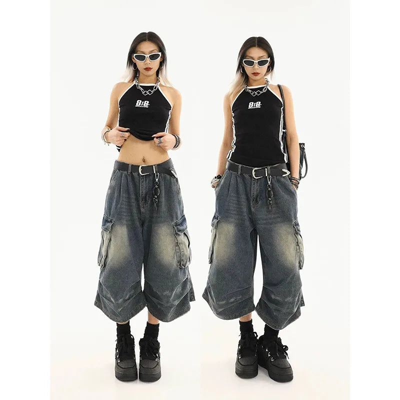 American Style Women Vintage Washed Workwear Denim Shorts with Multiple Pockets Pleated Design Loose Drapey Seven-Foot Pants
